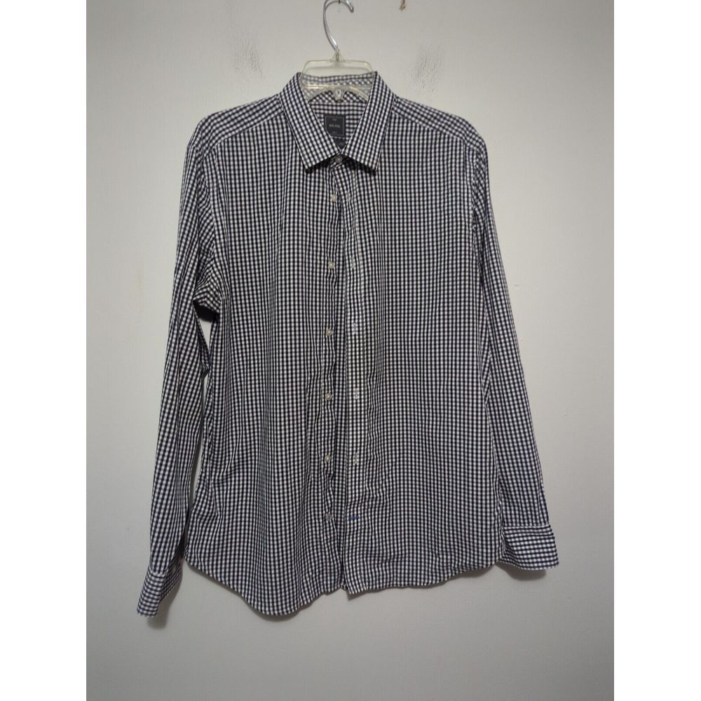 Gap Mens Slim‎ Fit Non-Iron Gingham Long Sleeve Button Down Shirt Navy Blue L